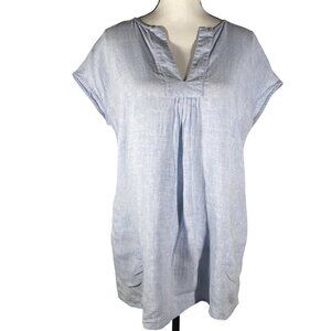 Light Blue Linen Tunic Top With Pockets & Pleated Front Detail Size M